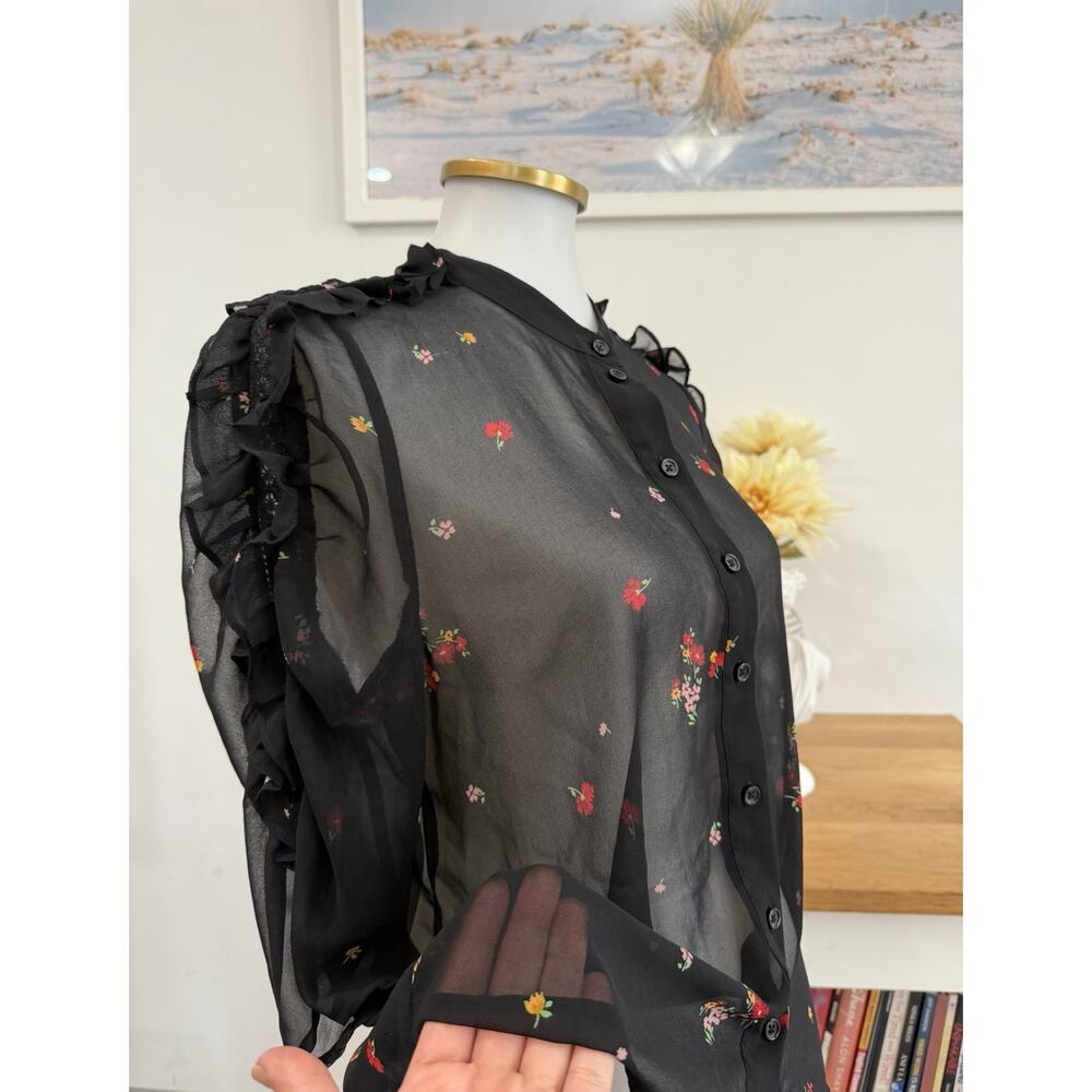 Who What Wear Sheer Floral Blouse Black Romantic Ruffle Sleeve Button Front M